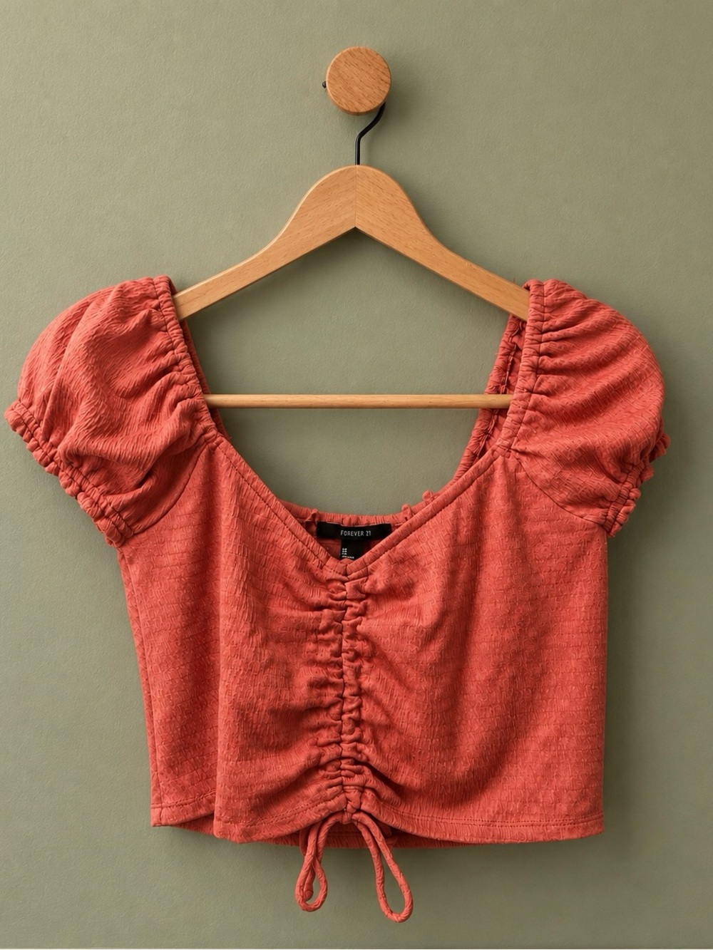 Forever 21 Rusty Coral Ruched Puff Sleeve Crop Top